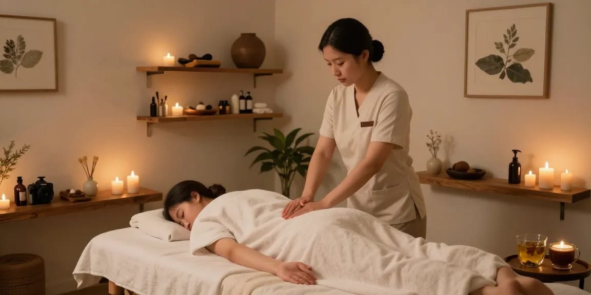 인천출장마사지 session in tranquil massage room, showcasing relaxation.