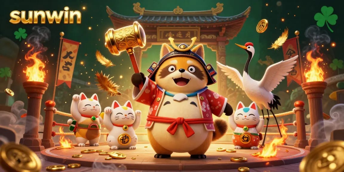 Spin and win with sunwin at a vibrant Asian-themed casino scene featuring a cheerful tanuki.
