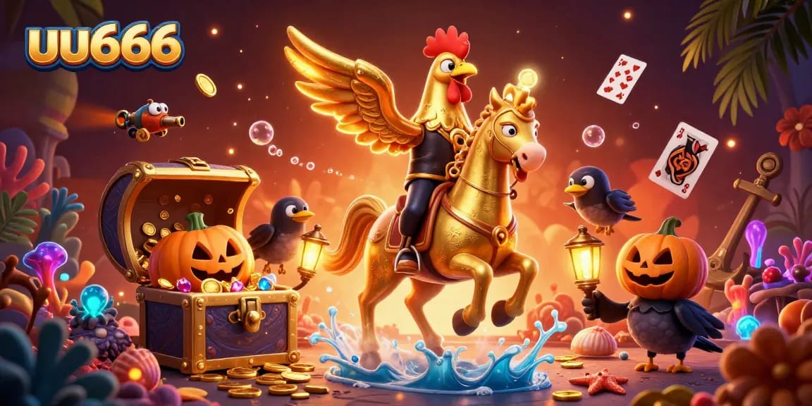 uu666 brings thrill to online gaming with a golden rooster in a lively casino scene featuring treasure and action.