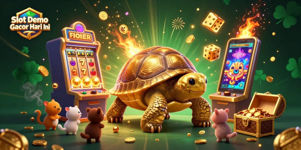 Spin and win with Slot Demo Gacor Hari Ini, featuring a lively casino scene of joyful characters and jackpot elements.