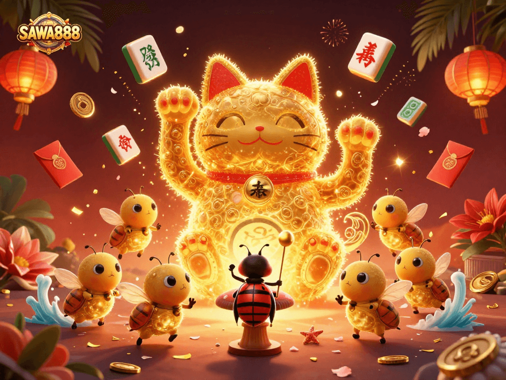 Spin and win with SAWA888's vibrant lucky cat symbols and golden fireflies in a rich casino illustration.