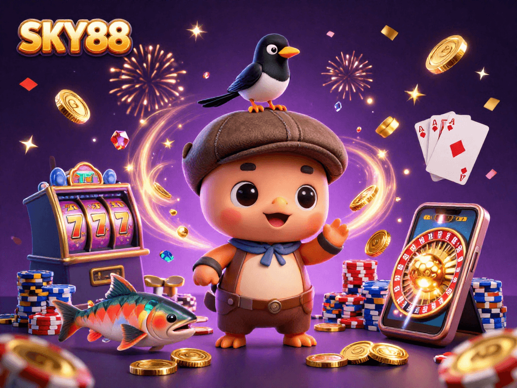 Experience enchanting slots and casino excitement with SKY88's playful characters.