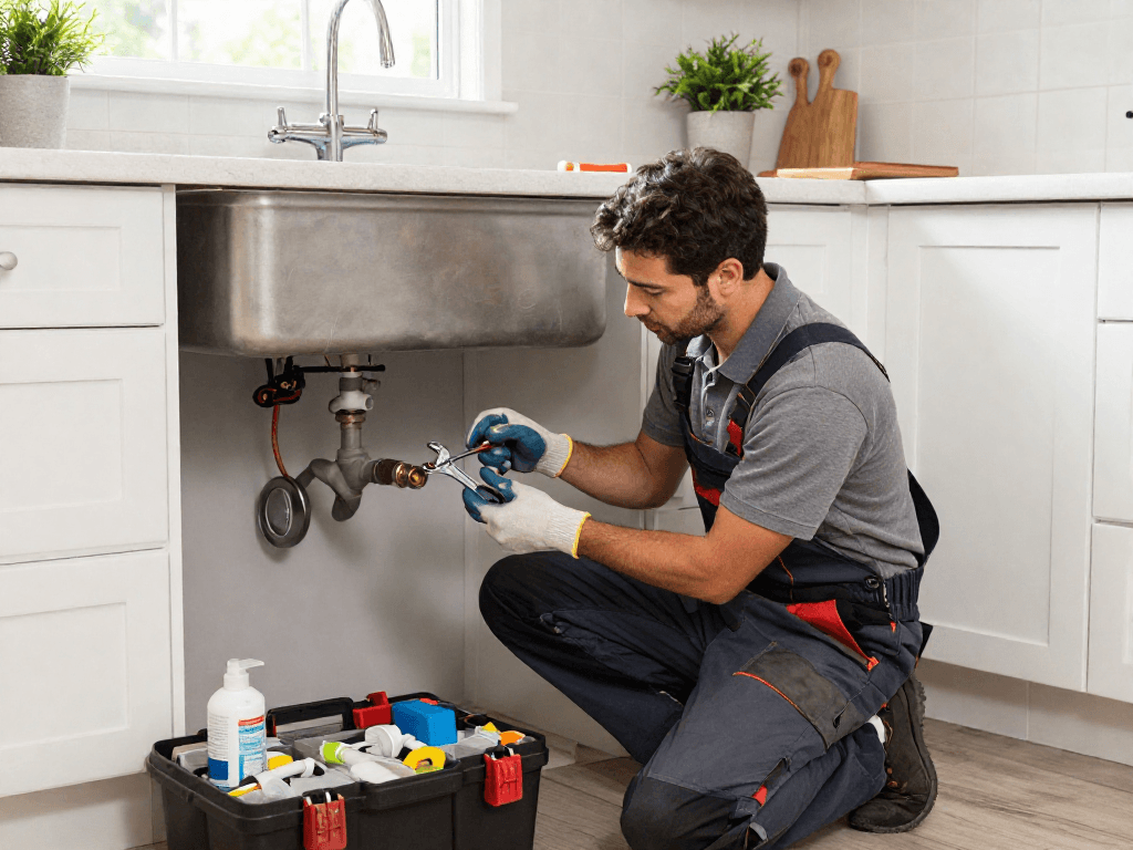 Expert plumber Fort Worth fixing a kitchen sink with quality tools in a bright, modern home.