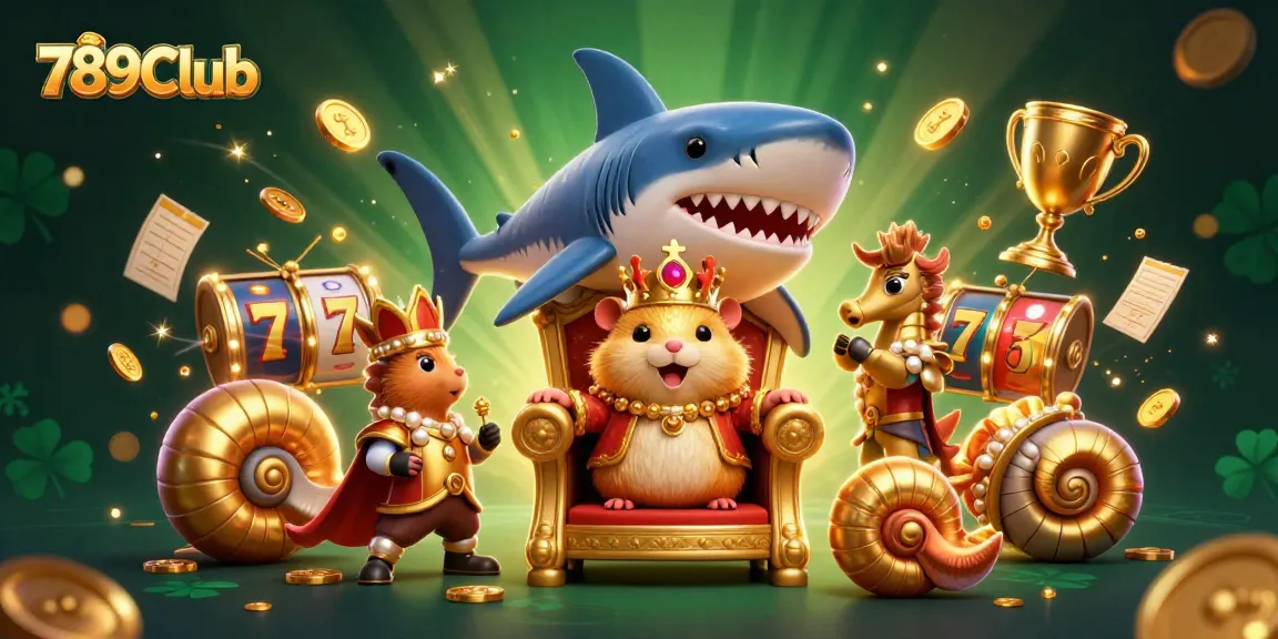 Experience the thrill at 789Club with golden hamster king and exciting slot symbols in a vibrant scene.