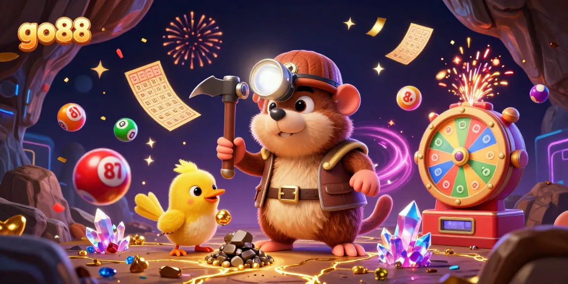 Spin and win at go88 with vibrant lottery balls and a treasure-hunting mole illustration.