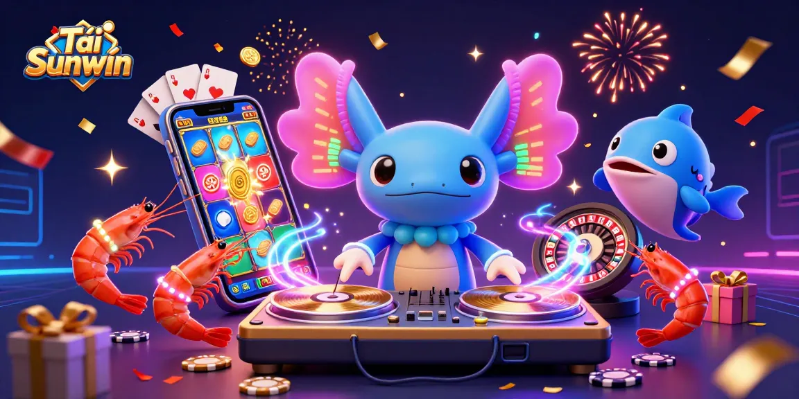 Engage in Tải Sunwin excitement with a cartoon DJ and vibrant casino elements.