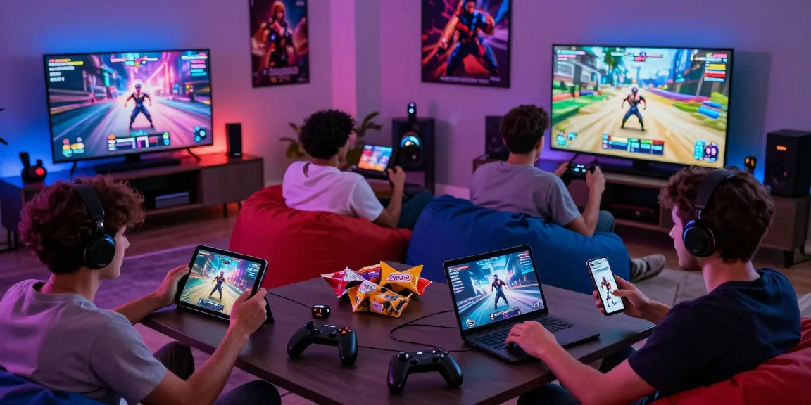 Engaging players enjoying hentai games on multiple devices in a vibrant gaming lounge setting.
