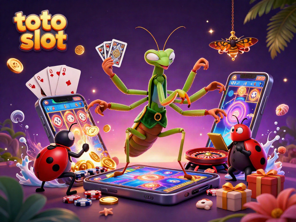 Engage with the dynamic toto slot gaming scene featuring a giant praying mantis and colorful slot elements.