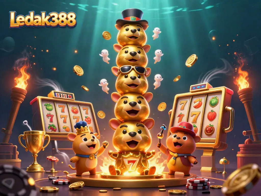 Engage with Ledak388's exciting slot gaming experience through a dynamic totem scene.
