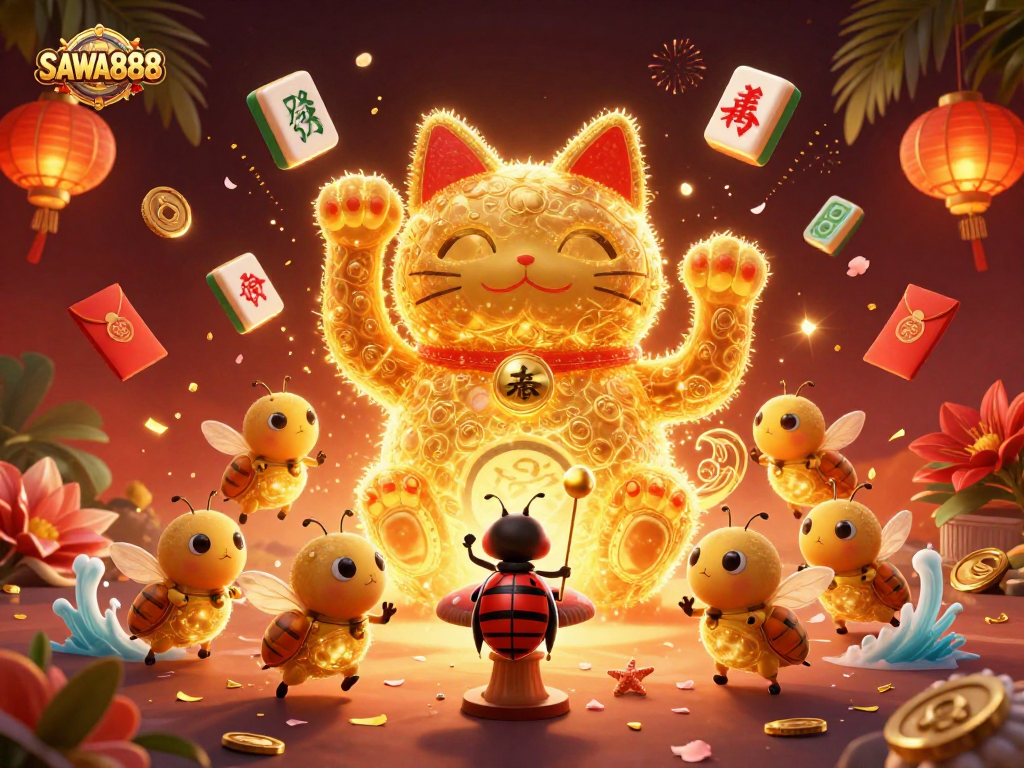 Spin and win with SAWA888's vibrant lucky cat symbols and golden fireflies in a rich casino illustration.