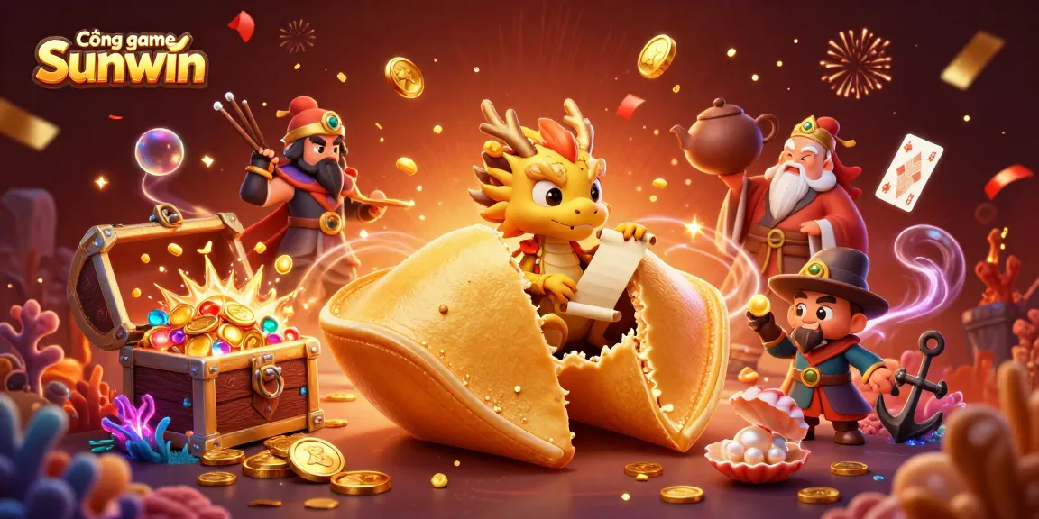 Cổng game Sunwin showcases a vibrant casino scene with golden fortune cookie characters and dynamic gaming elements.