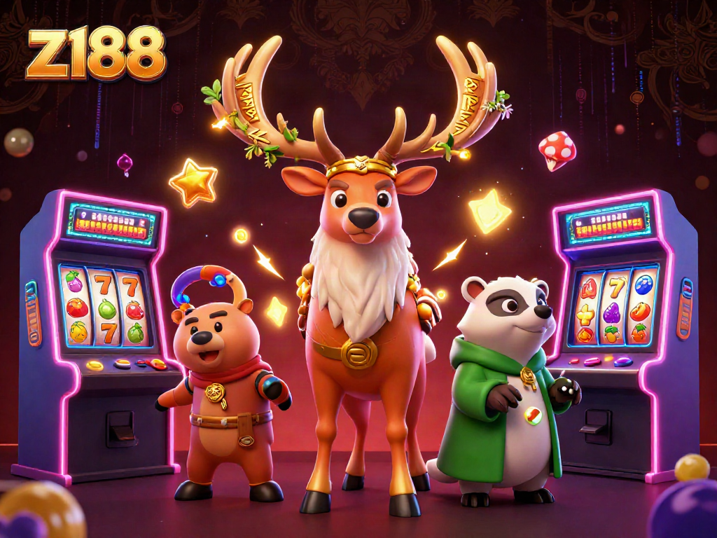 Engage in thrilling gaming with z188's festive casino scene featuring vibrant characters and gold coins.