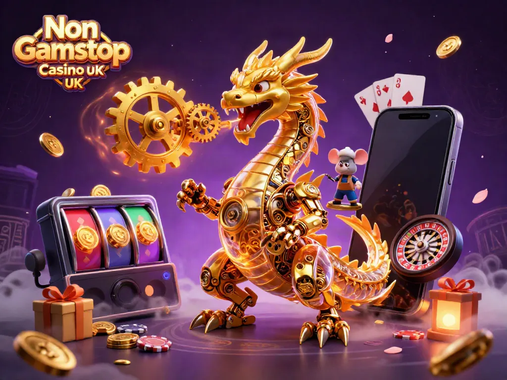Experience excitement with Non Gamstop Casino UK in this vibrant 3D scene featuring a golden dragon.