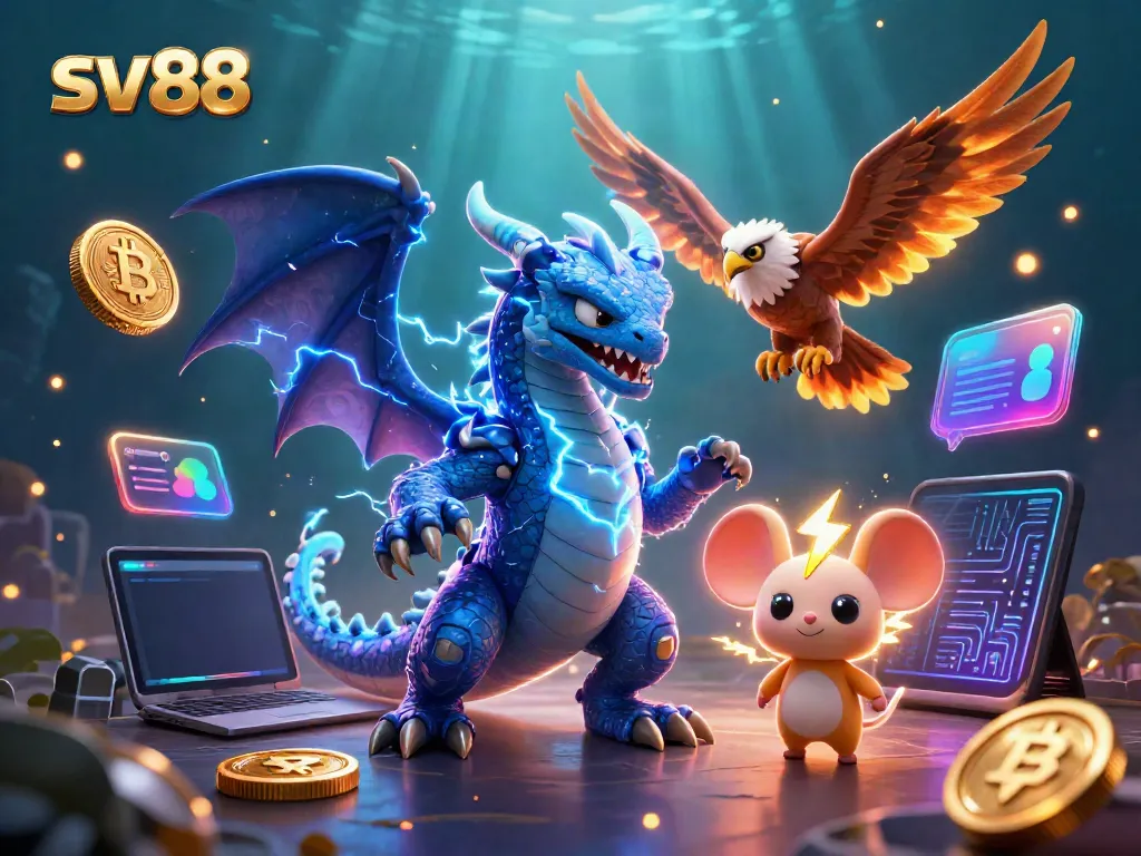 Win big with sv88 in a vibrant casino scene featuring dynamic characters and crypto elements.