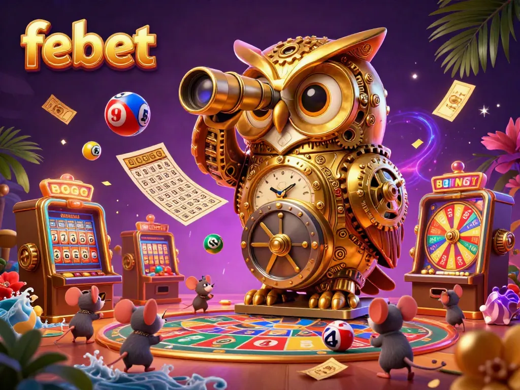 Engage in vibrant casino fun with febet's dynamic 3D illustration of a golden owl and lively lottery action.