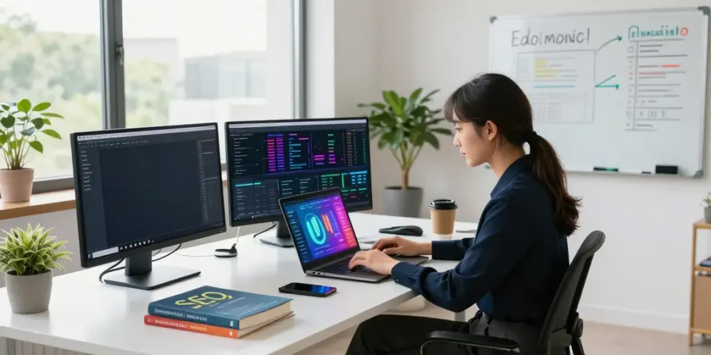 Digital marketing expert focusing on instant indexing in a modern workspace.