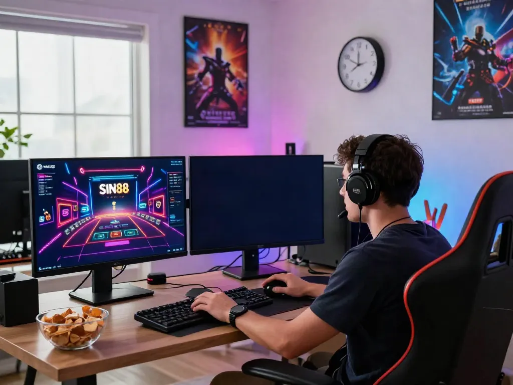 Player immersed in SIN88 online gaming session in a modern living room.