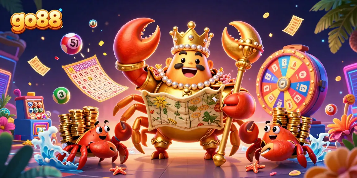 Win amazing jackpots at go88 with a vibrant illustration of a golden crab emperor ruling the gaming world!