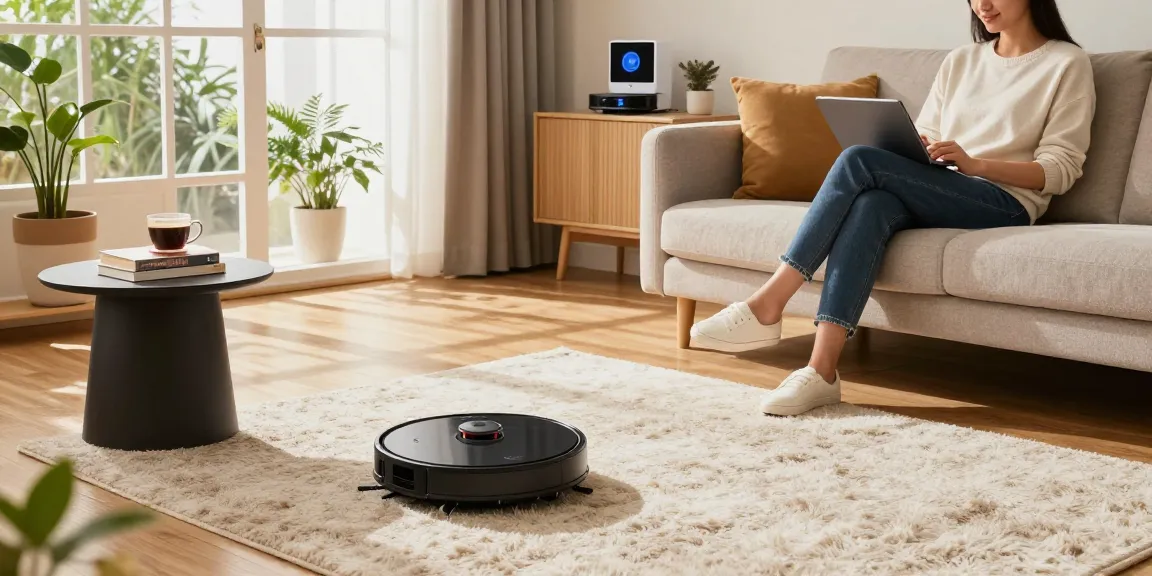 A stylish living room showcasing the best robot vacuum 2026 gliding over hardwood floors, highlighting modern décor and an inviting ambiance.