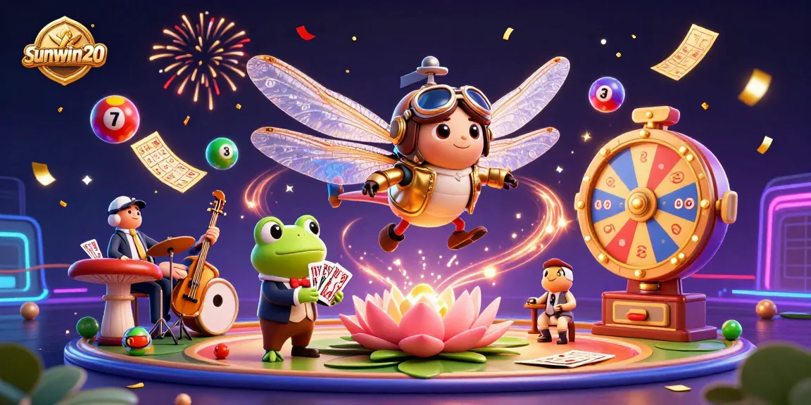 Join the fun at sunwin20 with a vibrant scene of a dragonfly pilot, frog croupier, and jazz-playing crickets at a lily pad casino.
