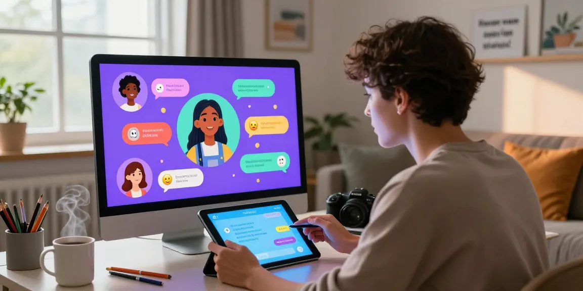 Engaging interaction with spicy chat AI on a tablet, featuring diverse avatars and a cozy room setting.