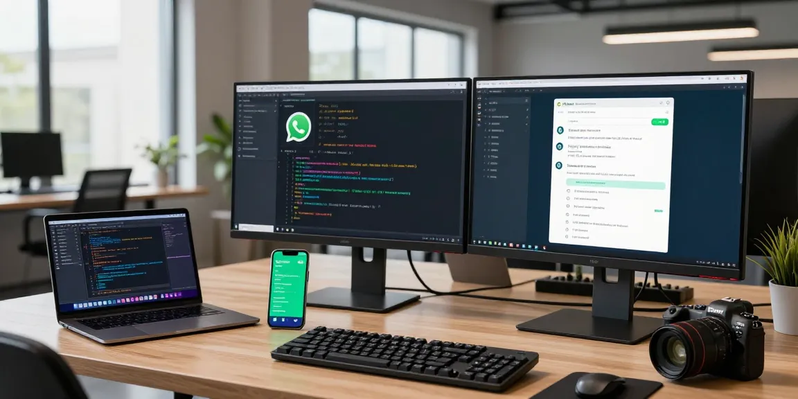 Dynamic workspace showing WhatsApp網頁版 in action on dual monitors, emphasizing innovative tech atmosphere.
