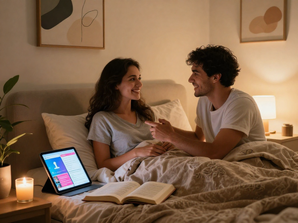 Couple discussing intimacy using sex AI in a modern bedroom setting.