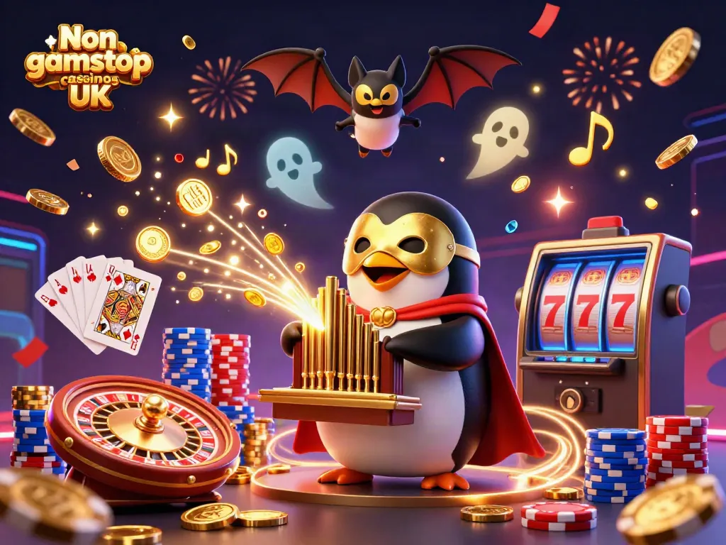 Experience excitement at Non gamstop casinos UK as a penguin plays an organ releasing golden coins.