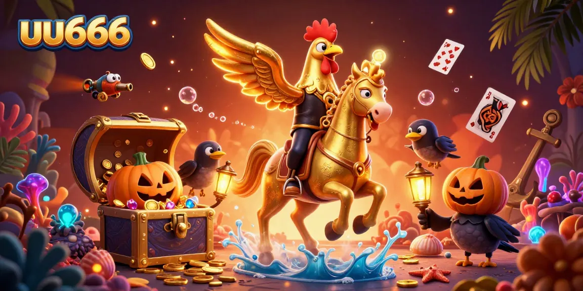uu666 brings thrill to online gaming with a golden rooster in a lively casino scene featuring treasure and action.