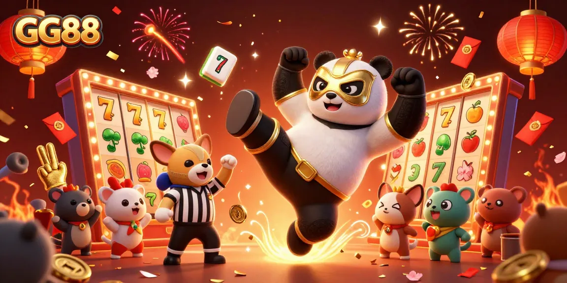Experience GG88 with vibrant slot reels and lively animal spectators in an energetic casino scene.