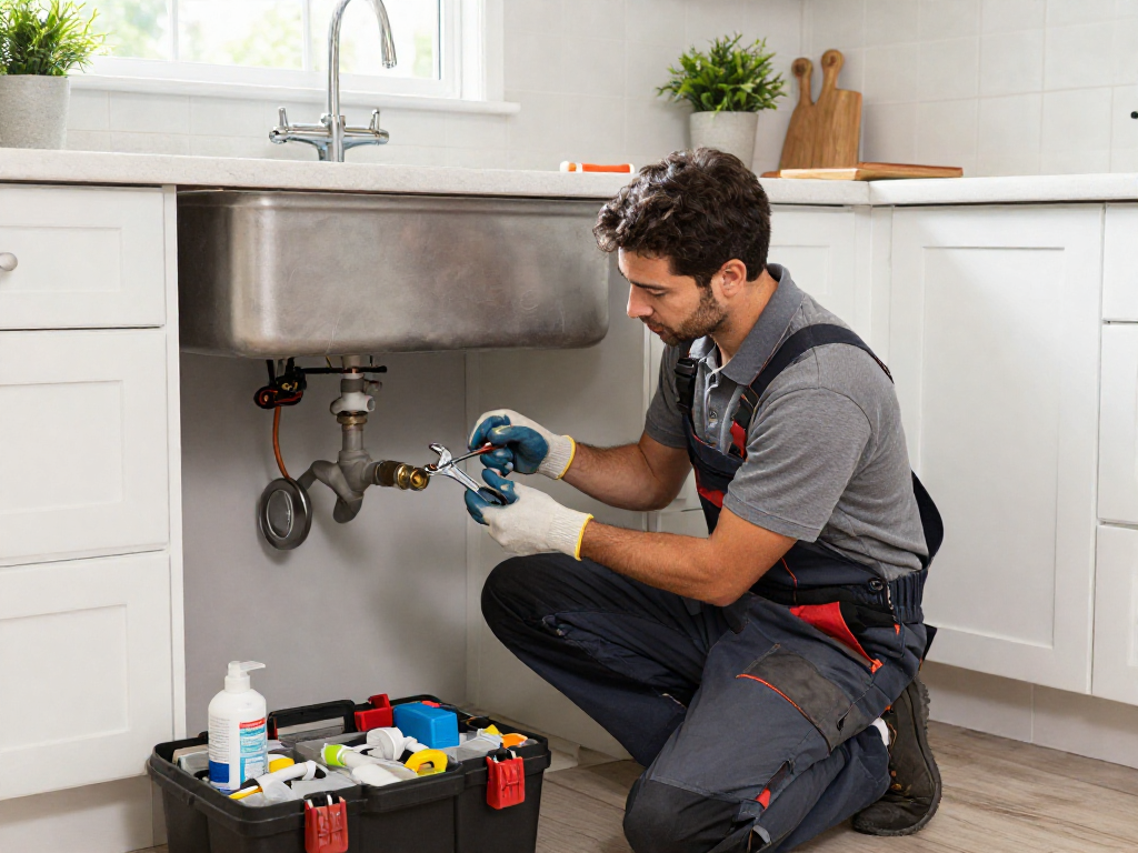 Expert plumber Fort Worth fixing a kitchen sink with quality tools in a bright, modern home.
