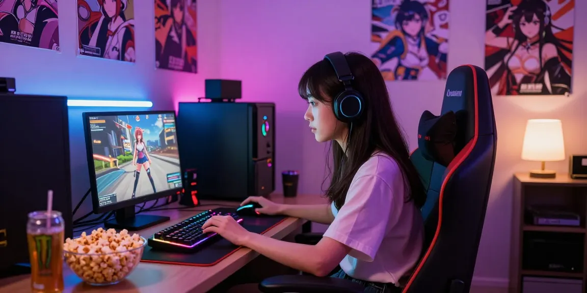 Engaging scene of a female gamer playing female protagonist hentai games in a cozy gaming lounge.