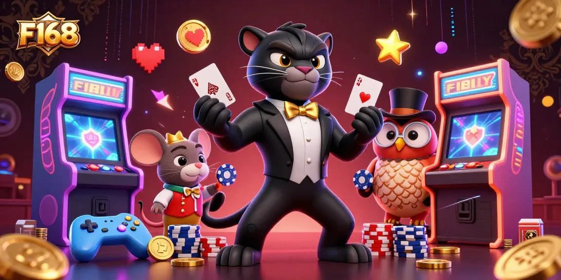 F168 players enjoy a vibrant casino atmosphere with a stylish panther dealer and festive game elements.
