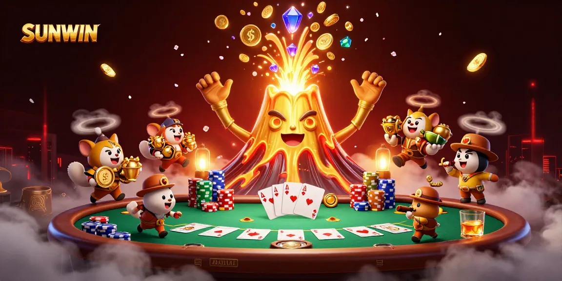 SUNWIN's vibrant casino scene showcases a triumphant golden volcano erupting coins, accompanied by poker elements.
