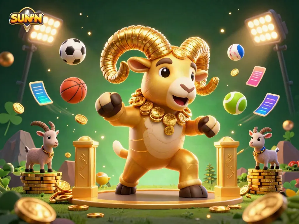 SUNWIN's golden ram mascot charges through a vibrant 3D sports casino scene filled with coins, sports balls, and colorful lights.