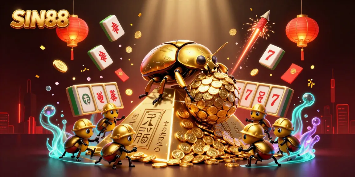 Experience SIN88's thrilling gameplay with golden beetles and casino symbols in an immersive 3D scene.