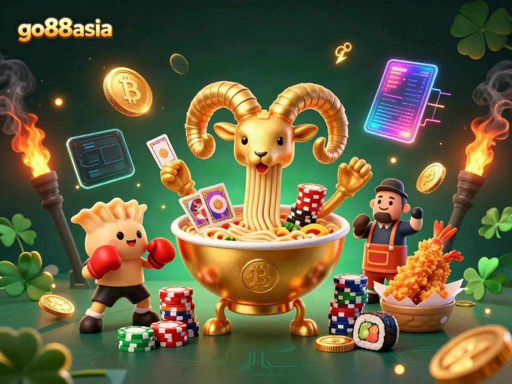 go88asia's vibrant casino scene featuring a giant ramen bowl character stacking chips and dealing cards, surrounded by cryptocurrency elements.