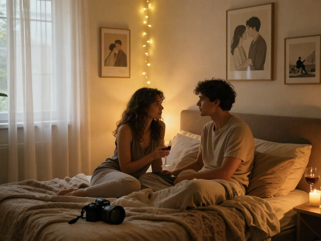 Couple enjoying intimate moment in a cozy bedroom, exploring sex ai themes.