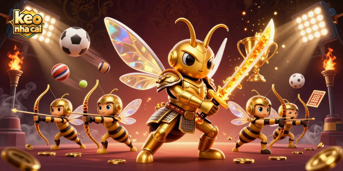 Engage with keo nha cai through dynamic sports betting visuals featuring golden hornet samurai and bee archers.