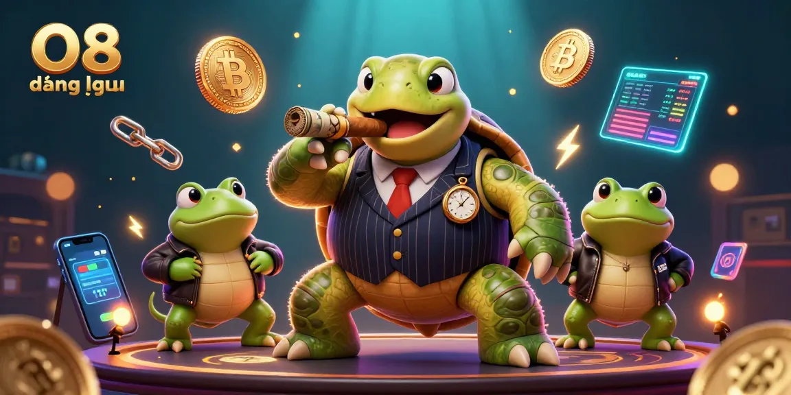 Experience O8 đăng nhập with a vibrant 3D casino scene featuring a snapping turtle in a mobster suit and crypto elements.
