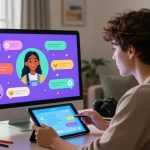 Engaging interaction with spicy chat AI on a tablet, featuring diverse avatars and a cozy room setting.