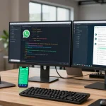 Dynamic workspace showing WhatsApp網頁版 in action on dual monitors, emphasizing innovative tech atmosphere.