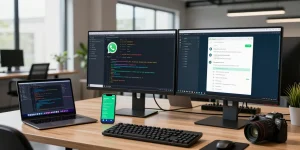 Dynamic workspace showing WhatsApp網頁版 in action on dual monitors, emphasizing innovative tech atmosphere.