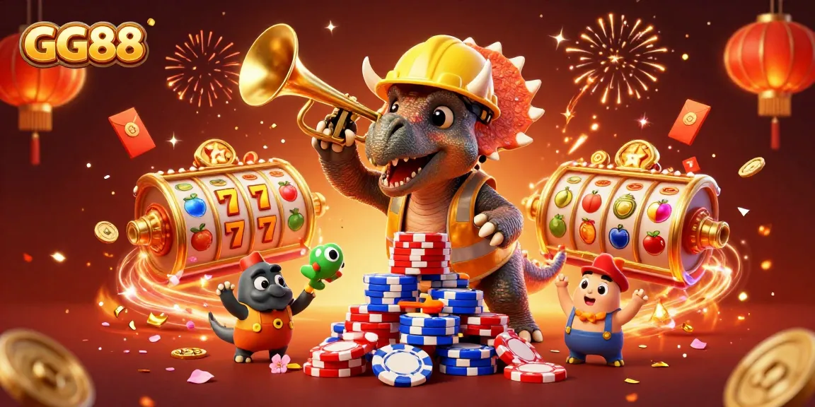 GG88 promotes excitement with a vibrant 3D scene of a triceratops and parasaurolophus celebrating over slot games.