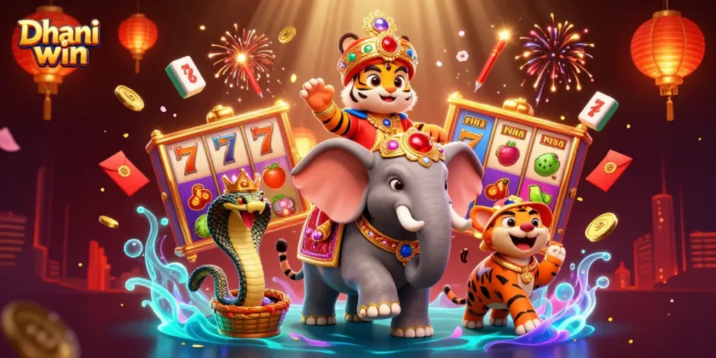 Dhani win brings excitement with colorful jackpot reels and a majestic maharaja scene.